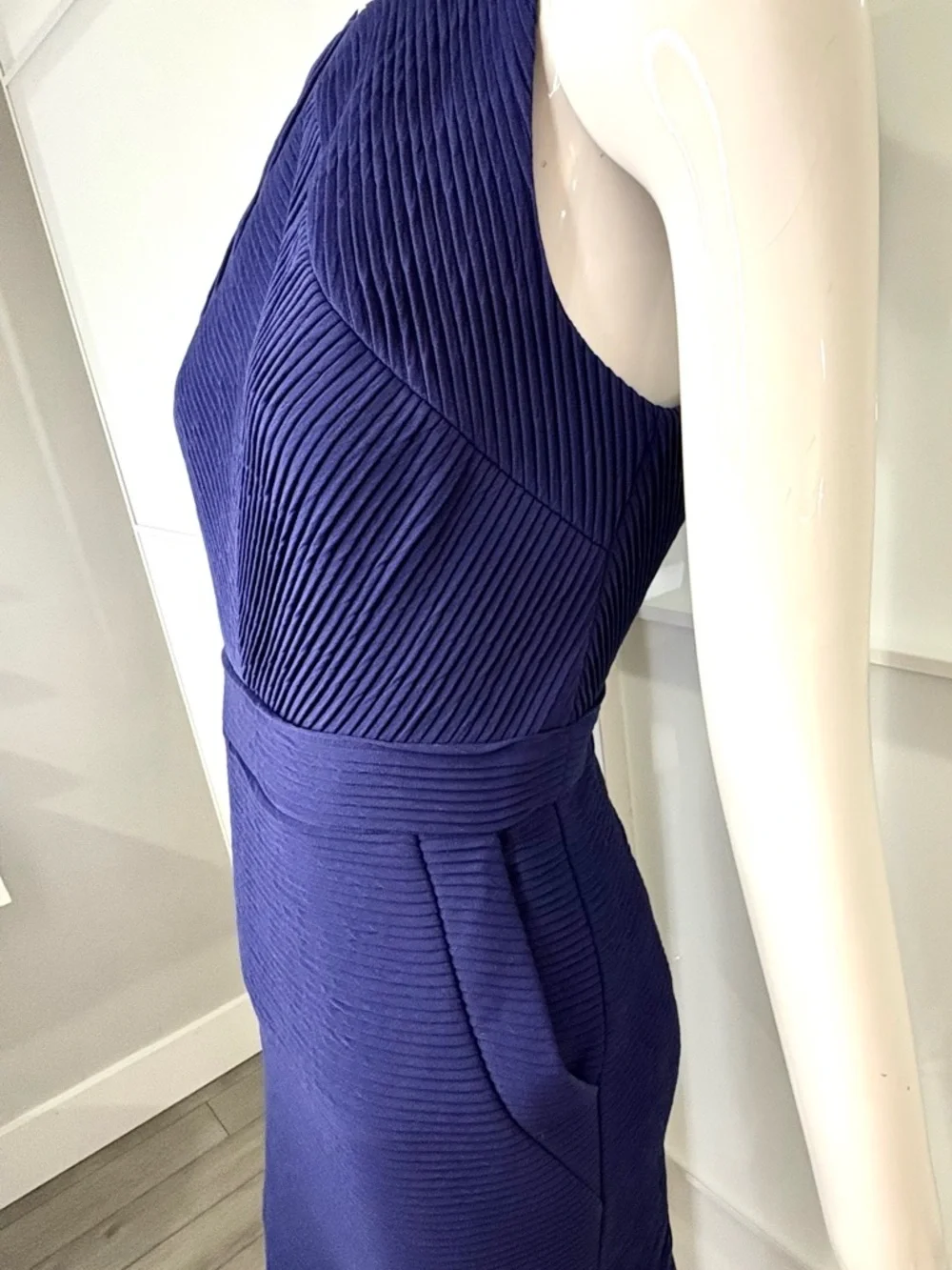 RW&CO Workwear Chic Blue Textured Dress Pockets Stretch Zip Back XS - Picture 3 of 9